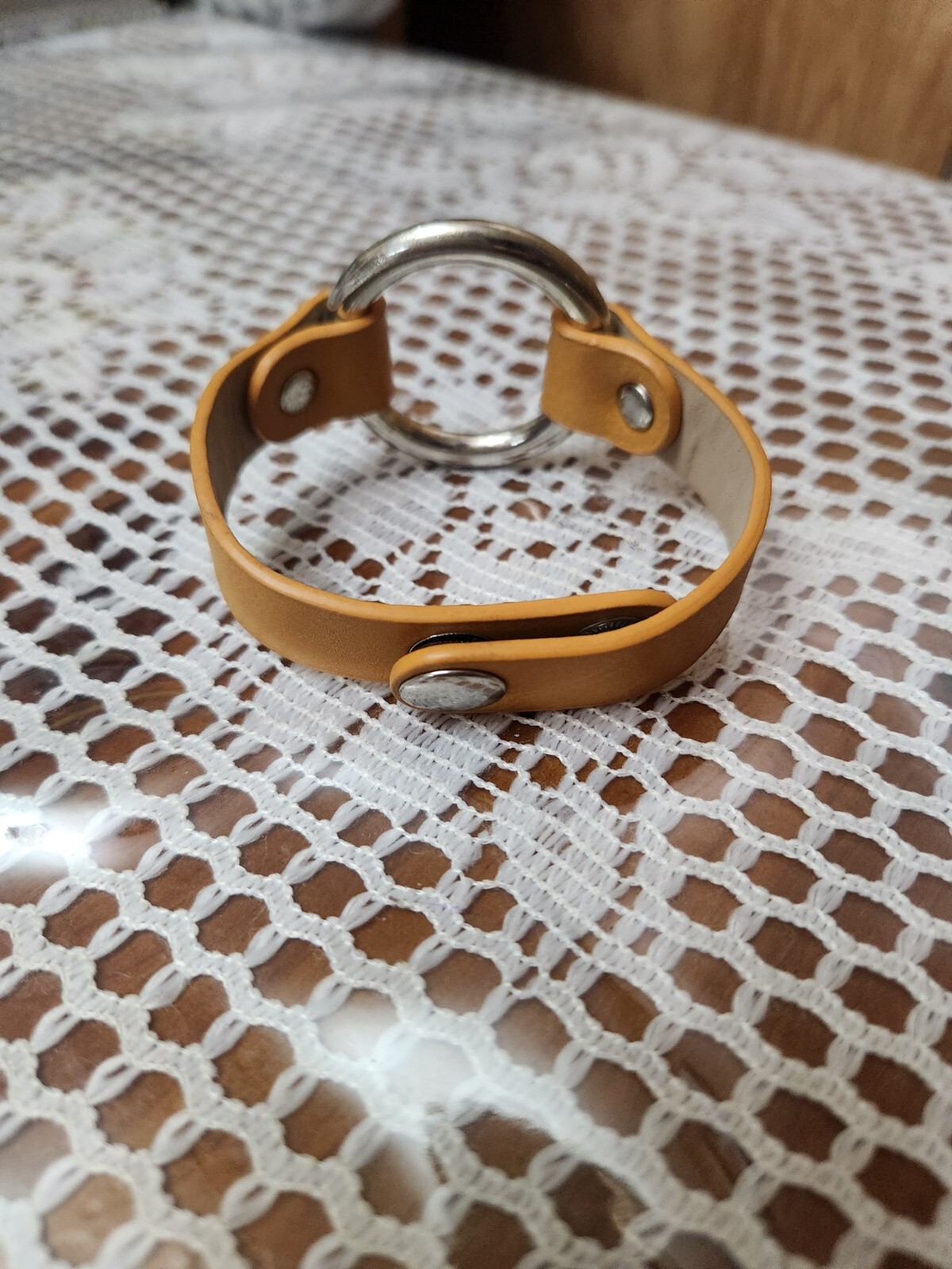 Vintage O-Ring Faux Yellow Leather Cuff Bracelet. Snaps