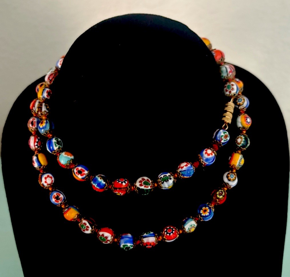 Vintage Venetian Millefiori Glass Beaded Necklace Hand Knotted Floral 25” 6mm