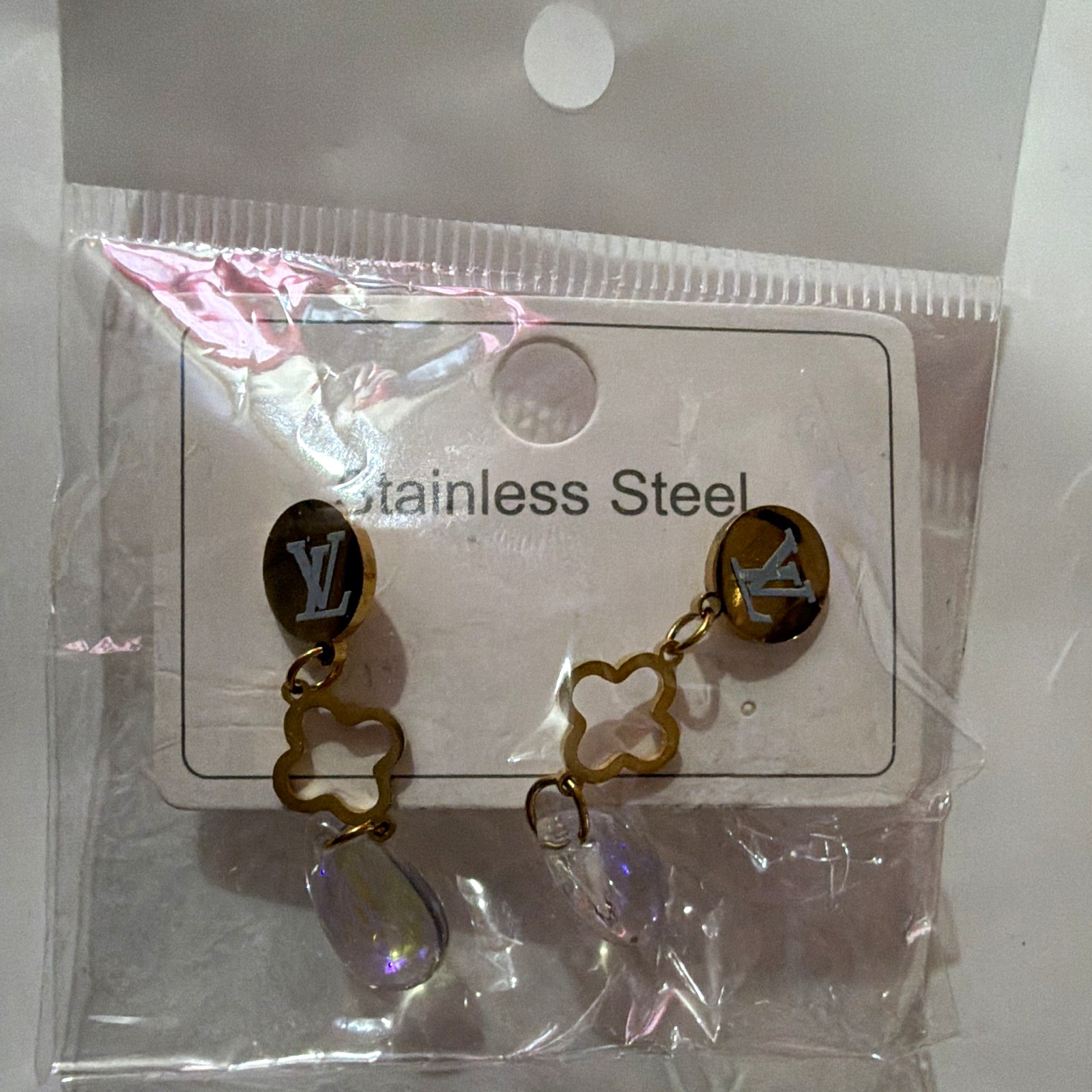 Stainless Steel Dangle/Drop Flower Earrings, Gold Tone, Butterfly Back, Lobe