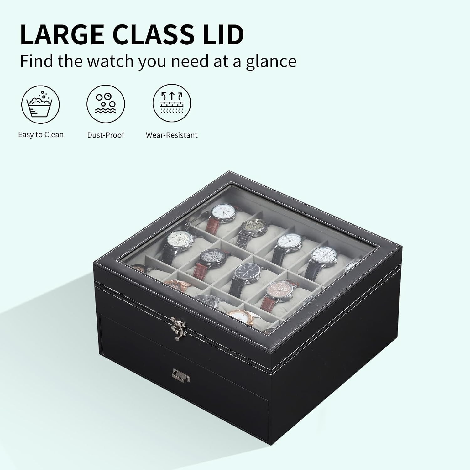 Watch Box Organizer with Glass Top & Lockable Drawer,2 Layers Holds 30 Watches
