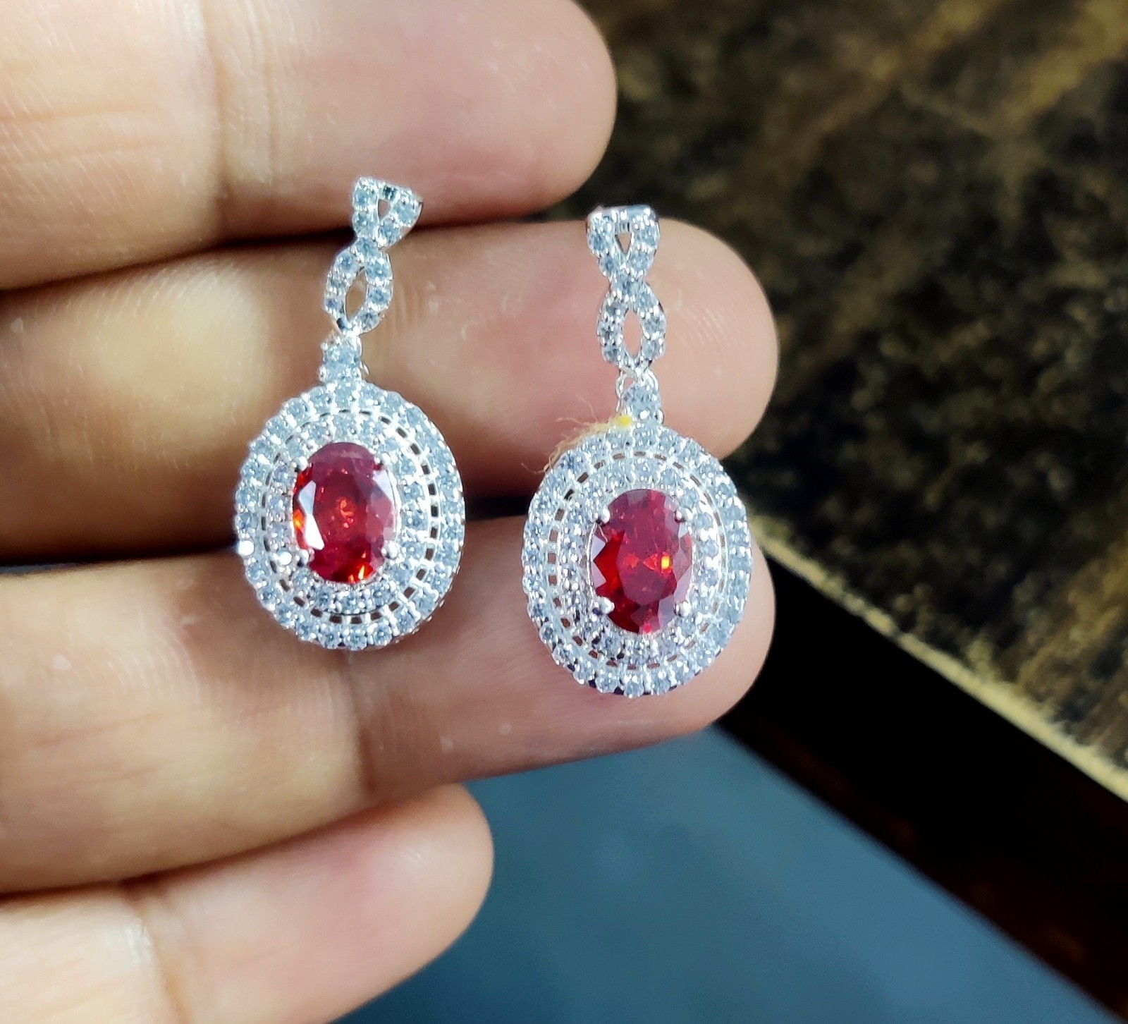 2Ct Oval Lab Created Garnet Halo Drop & Dangle Earrings 14k White Gold Plated