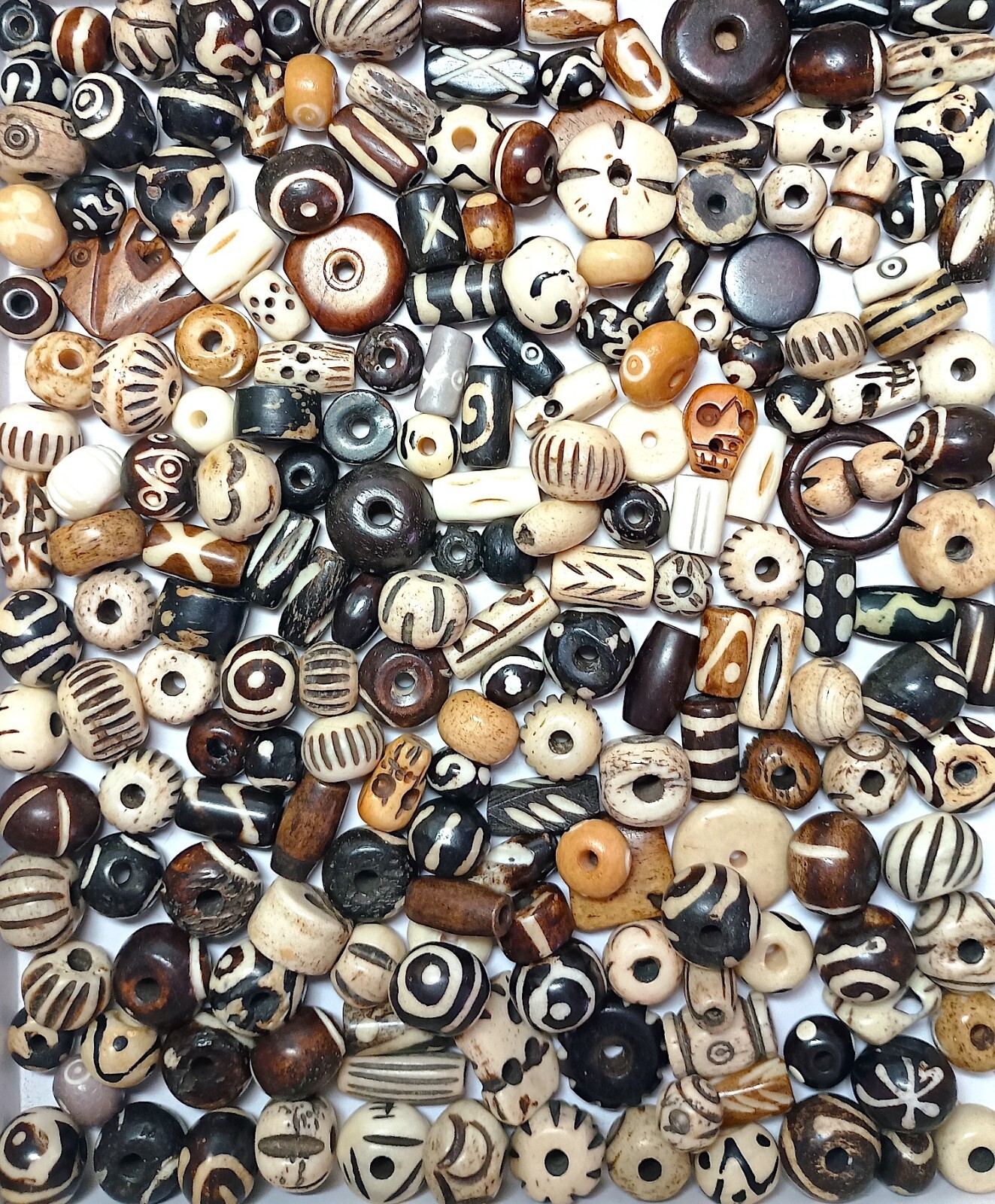 Buffalo Bone Beads, 199 Plus Pcs, Black, Brown, White, 4mm – 12mm, Reduced Ship