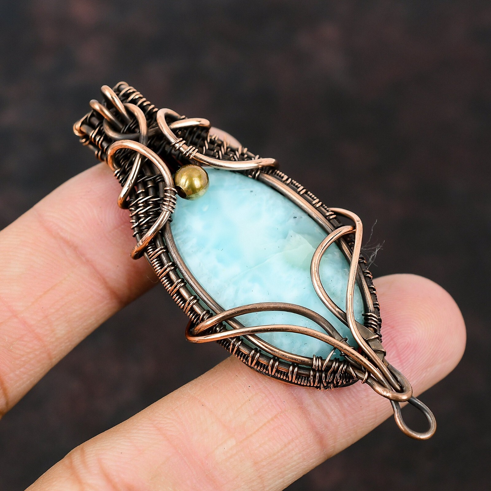 Larimar Gemstone Jewelry Copper Gift For Bridesmaid Wire Wrapped Pendant 2.64″