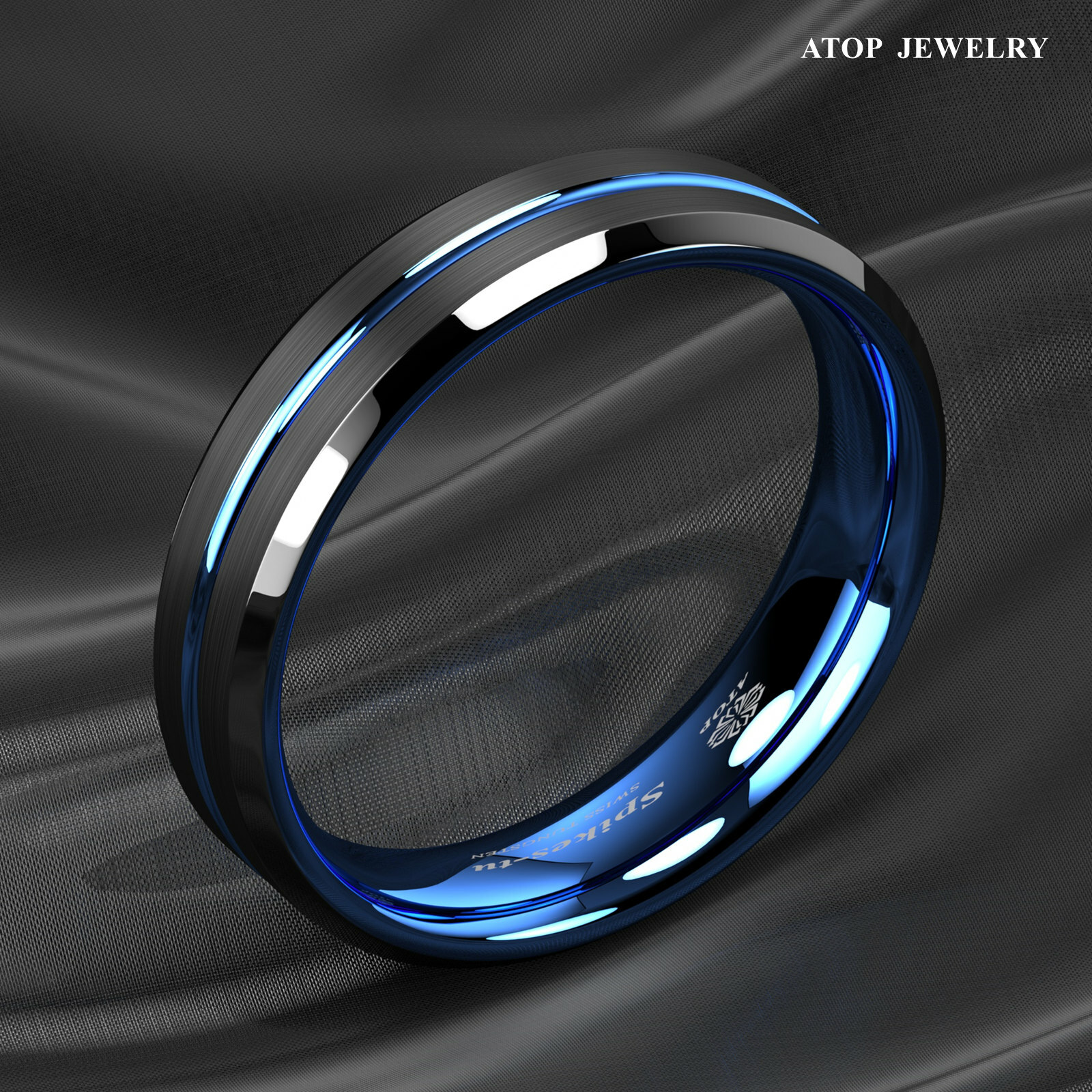 8/6mm Tungsten Men’s Ring Thin Blue Line-Inside Black Brushed Band ATOP Jewelry