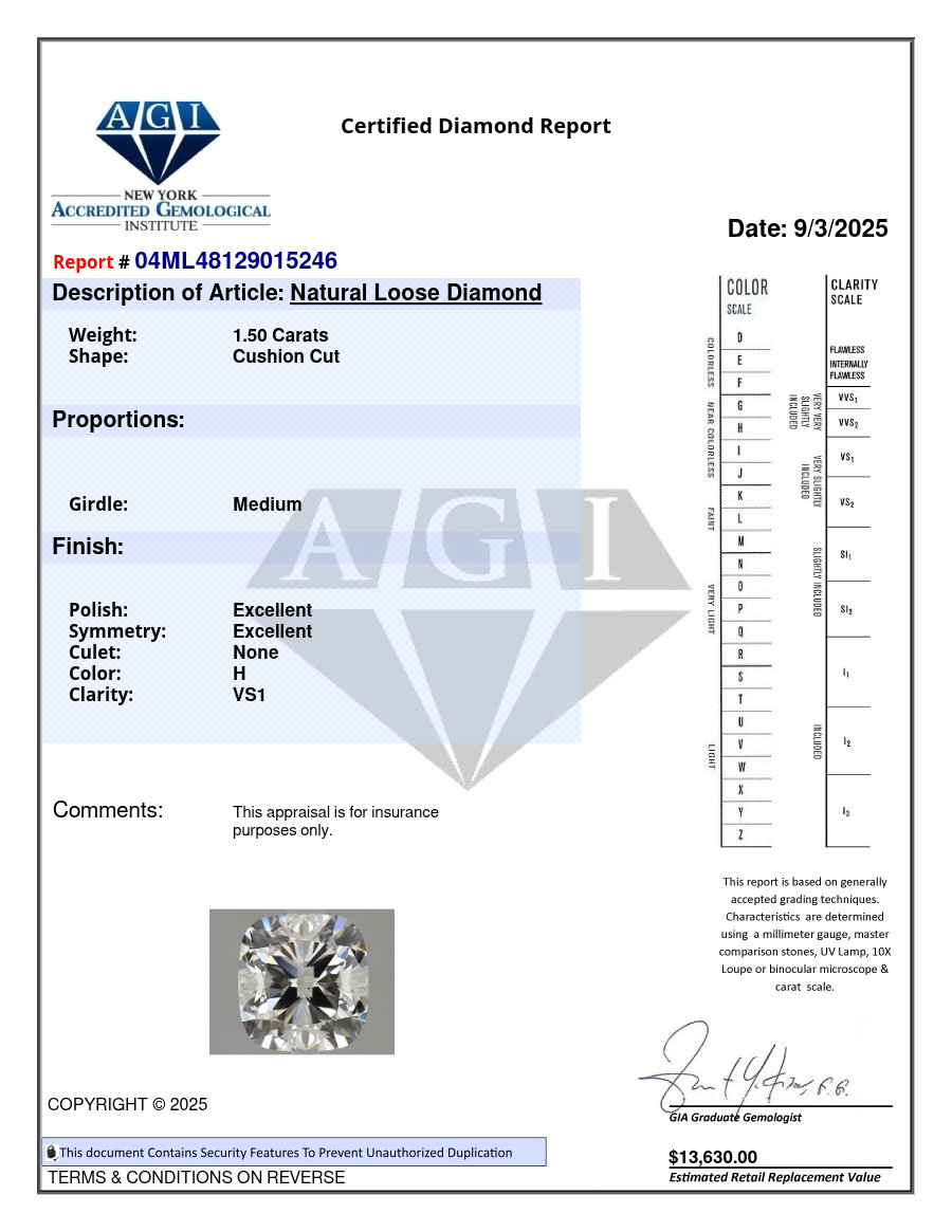 Natural Mined Diamond 1.50 CT Cert. AGI Cushion Cut Loose H color VS1 clarity