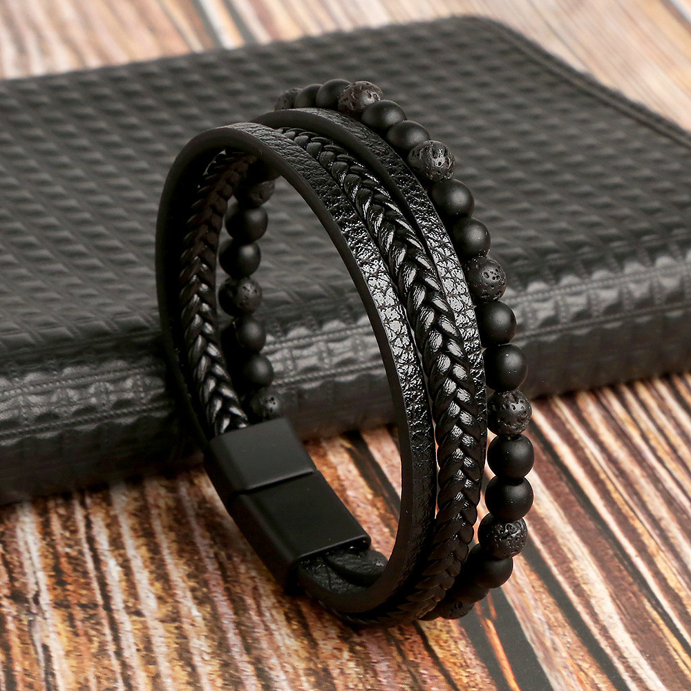 Men’s Layered Braided Leather Beaded Bracelet With Tiger Eye, Natural Stone