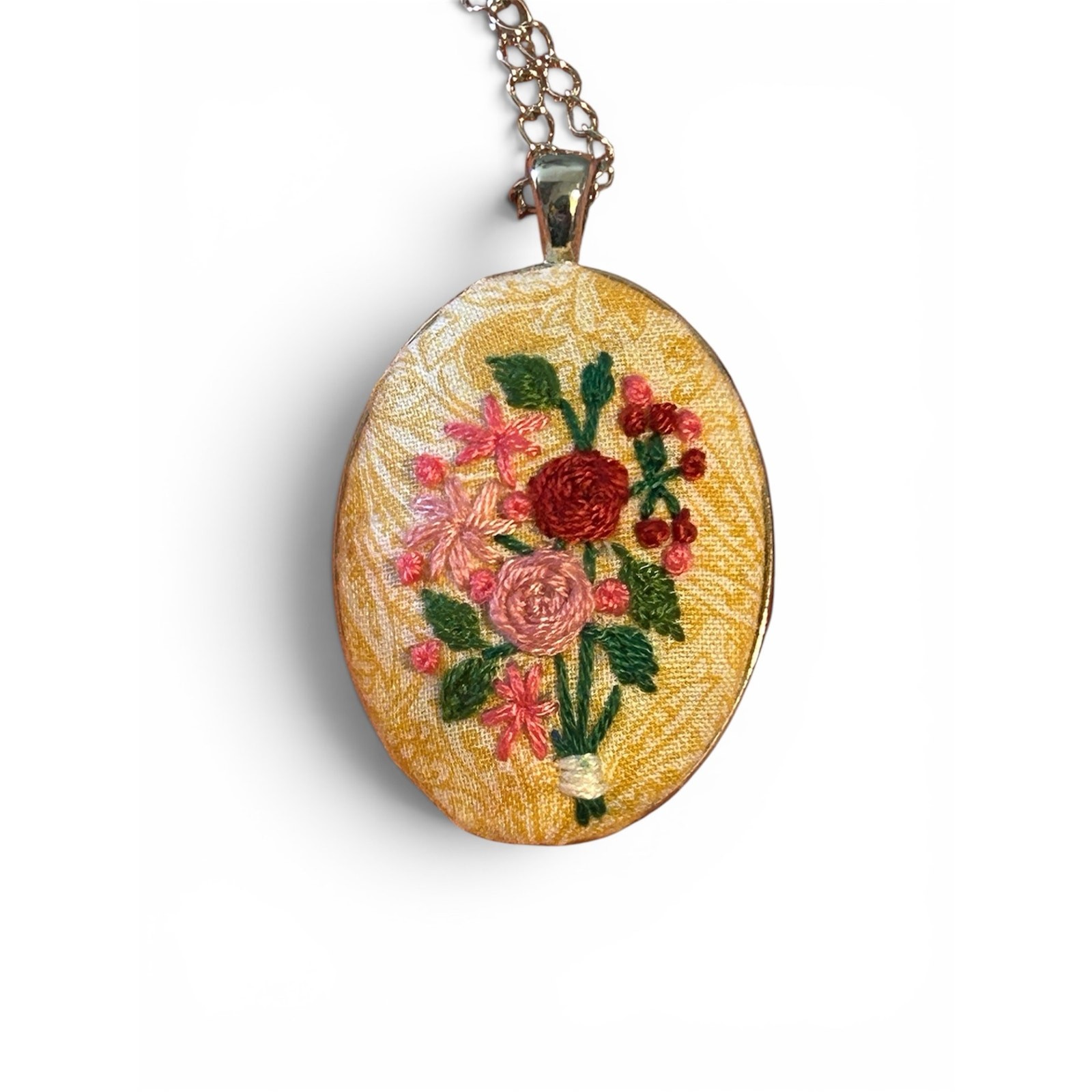 Embroidery Pink and Red Bouquet Cameo ~ Necklace with Flowers ~ Handmade