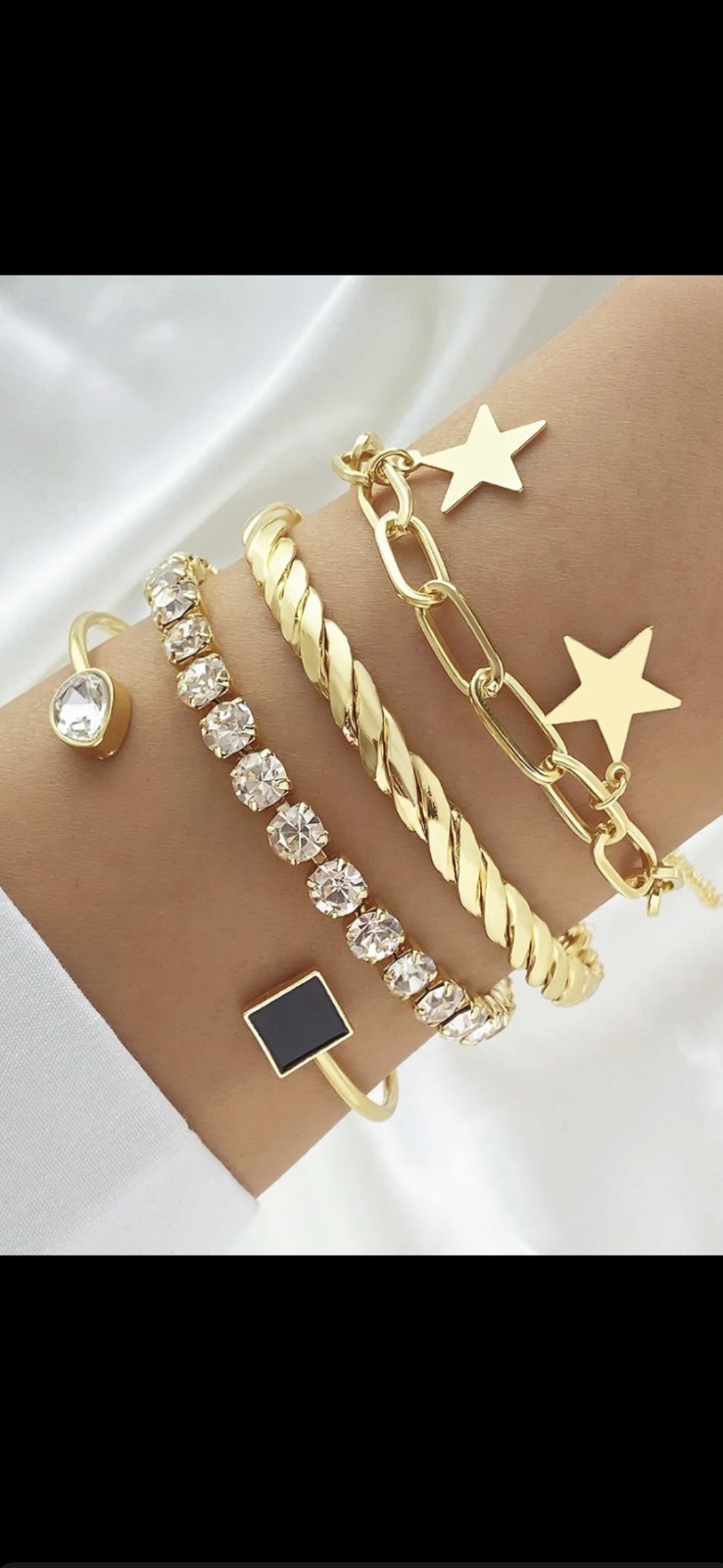 Gold Tone Layered Bracelet Set Cable Chain Star Dangle Clear Crystal Tennis