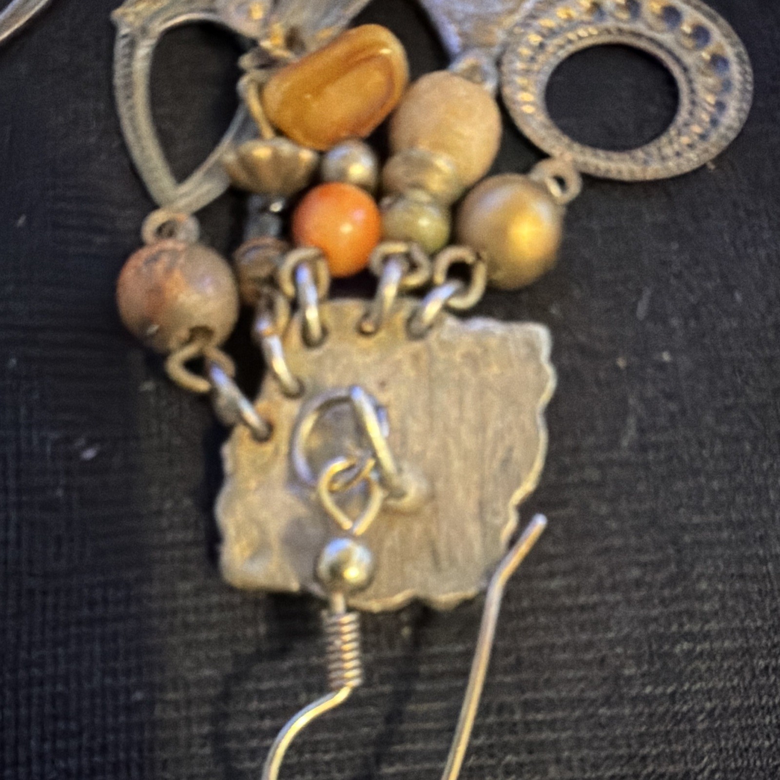 Silver Tone Bohemian Charm Dangle Drop Hook Earrings with Brown Orange Beads