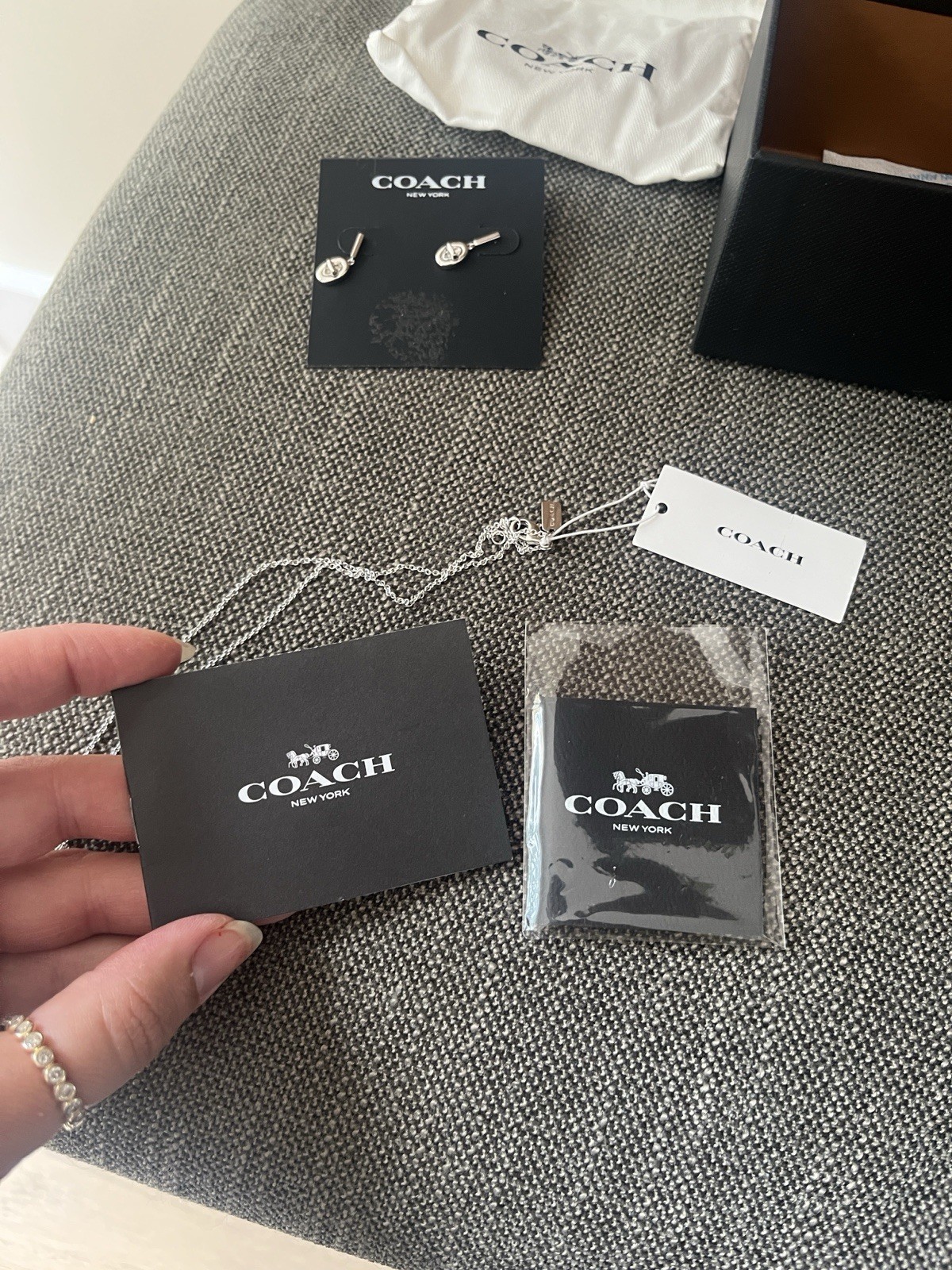 Coach Signed Silver Plated Jewelry Set Necklace & Earrings, No Stone