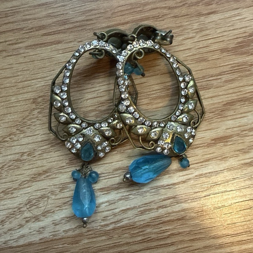 Gold Tone Rhinestone Hoop Dangle Clip-On Earrings Clear Crystal Blue Drops