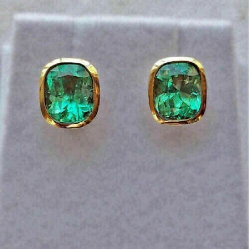 3Ct Lab Created Emerald Push Back Bezel Set Stud Earrings 14K Yellow Gold Over