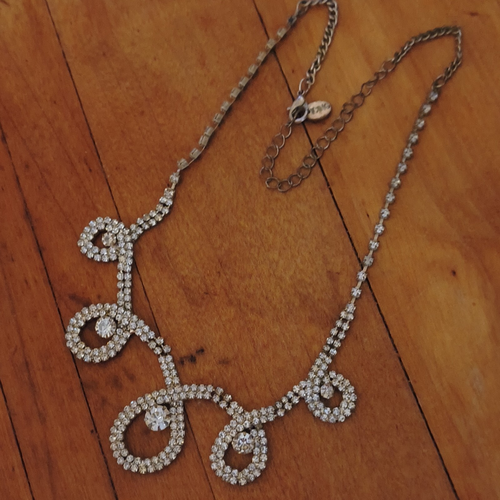 Silver Tone Clear Crystal Rhinestone Statement Necklace Asymmetrical Loop Drop