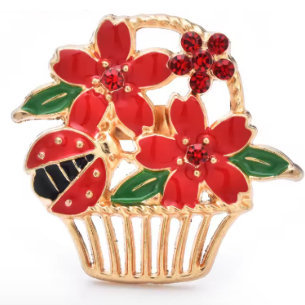 Easter Spring Ladybug Flower Basket Brooch Sparkling Rhinestone Pin Jewelry Gift