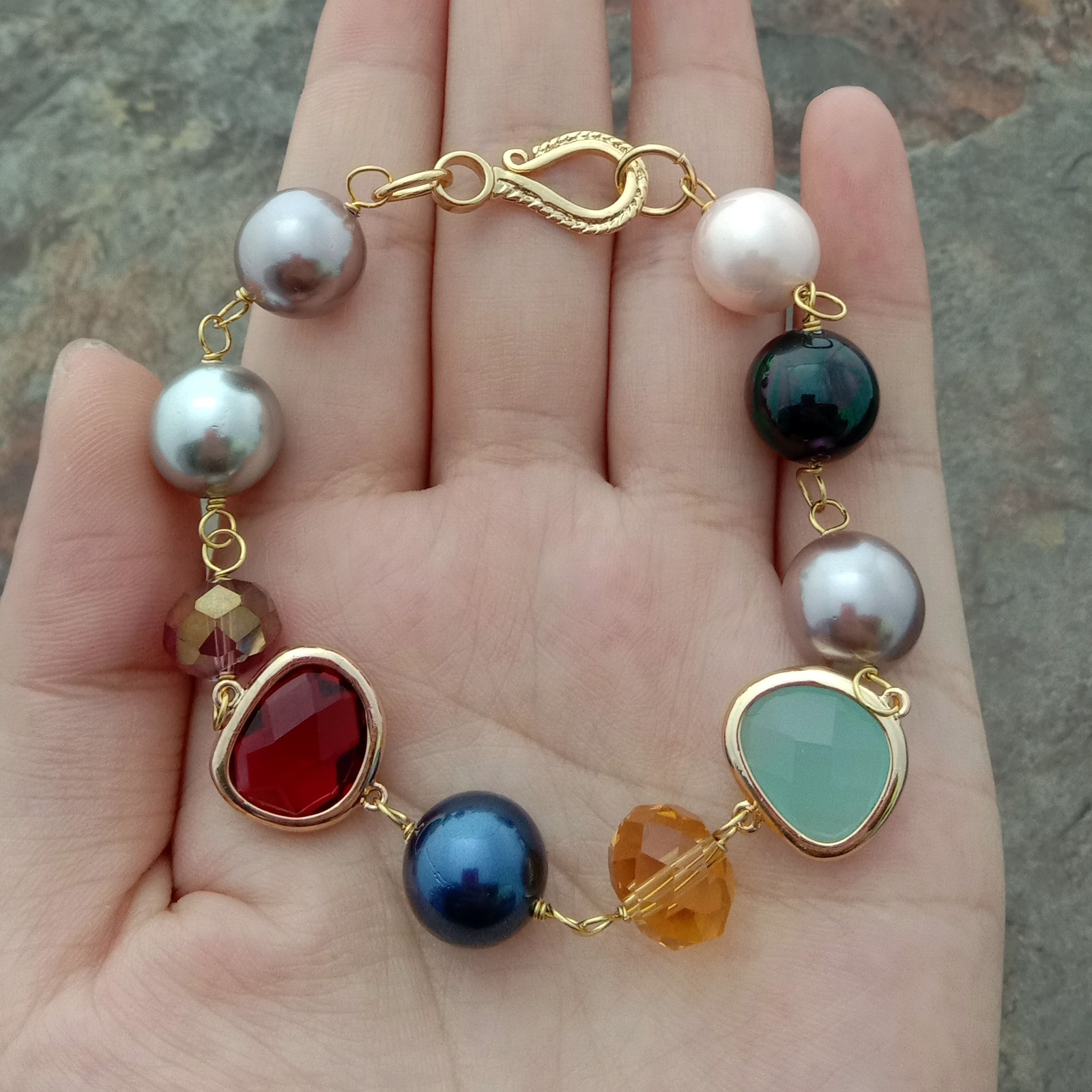 8” Multi Color Sea Shell Pearl Crystal Bracelet