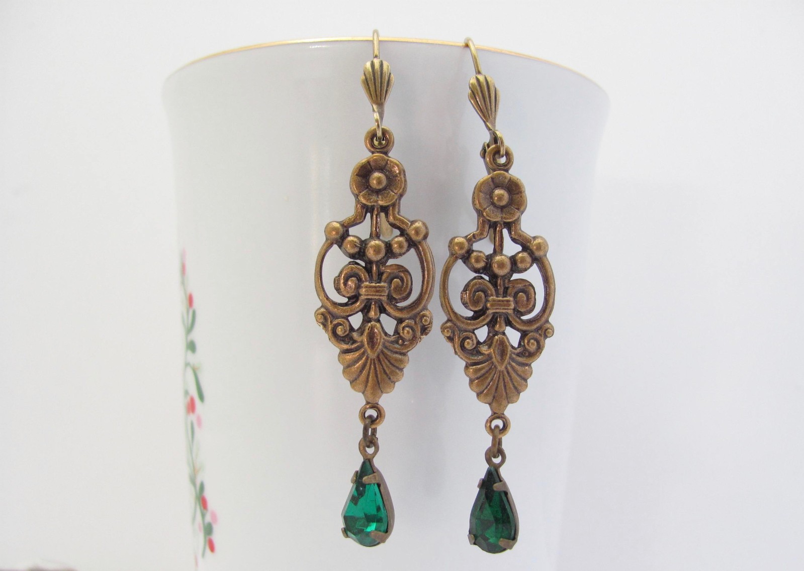 Art Deco Earrings Design Emerald Green Crystal Bohemian Antiqued Brass Long