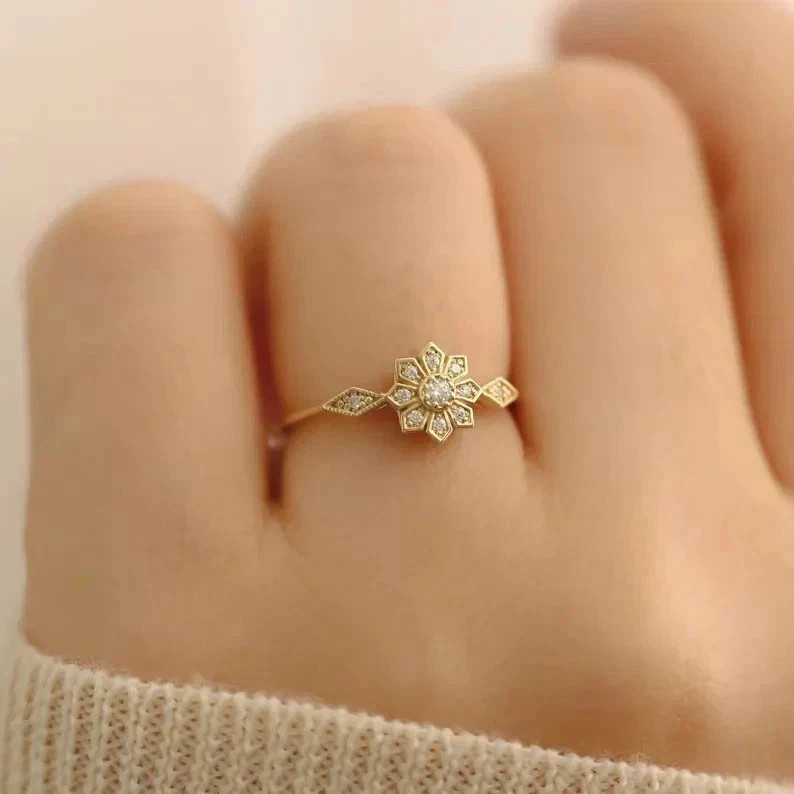 Art Deco Style Round Lab Created Diamond Wedding 14K Yellow Gold FN Floral Ring