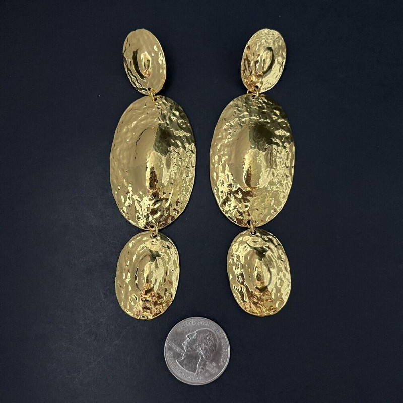 A Pair Brutalist Pierced Dangle Gold Tone Hammered Tribal Runway Earrings