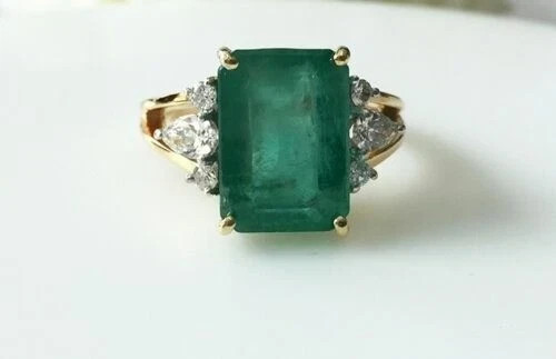 5.20 Ct Emerald Cut Natural Emerald & Diamond Wedding Ring 14K Yellow Gold