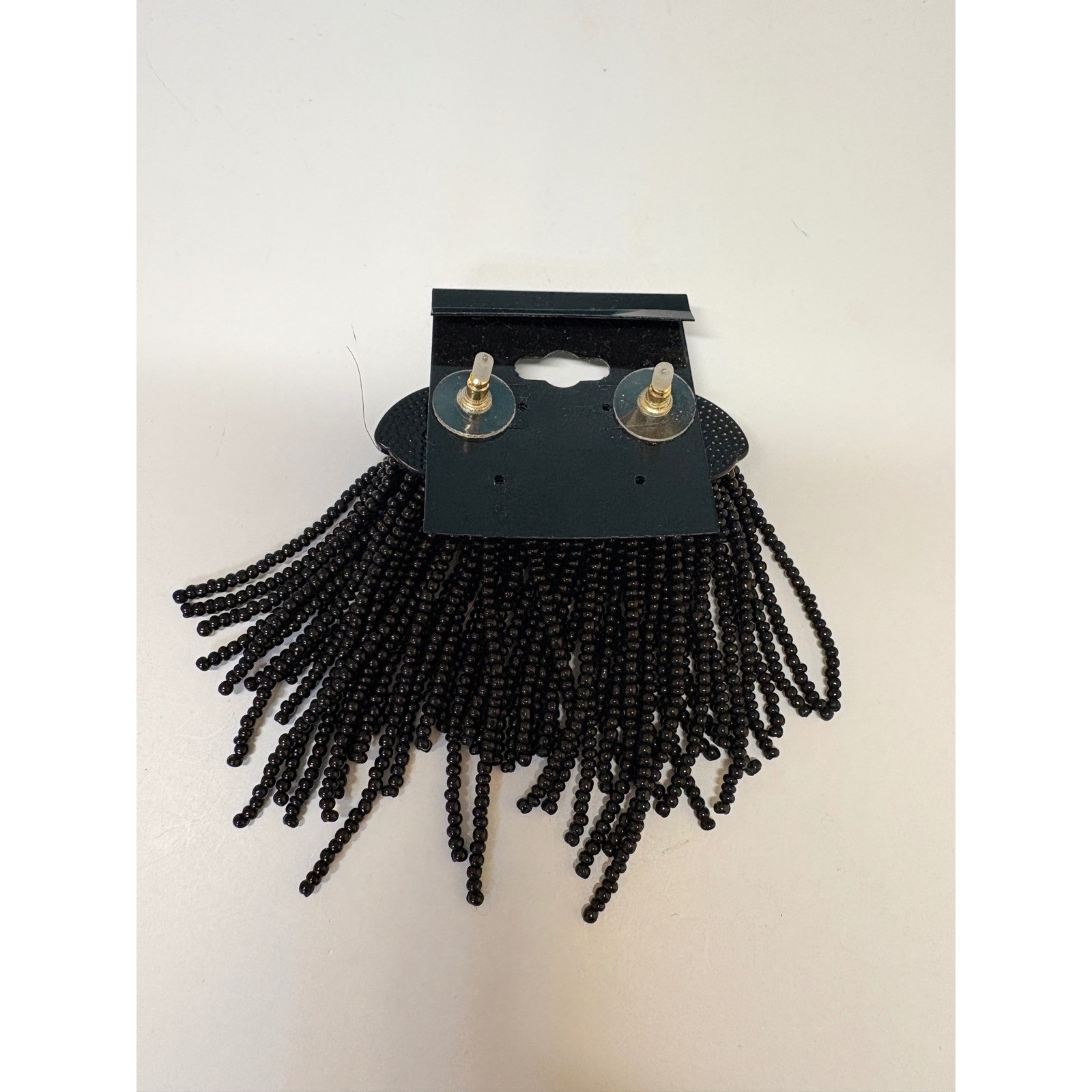 Black Seed Bead Fringe Statement Pierced Earrings Waterfall Dangle Back