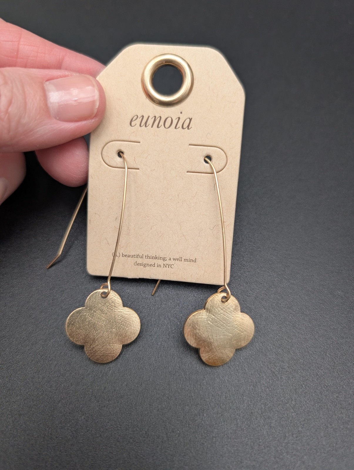 Eunoia Gold Tone Dangle Earrings Long Clover Drop Modern Fashion Jewelry NYC