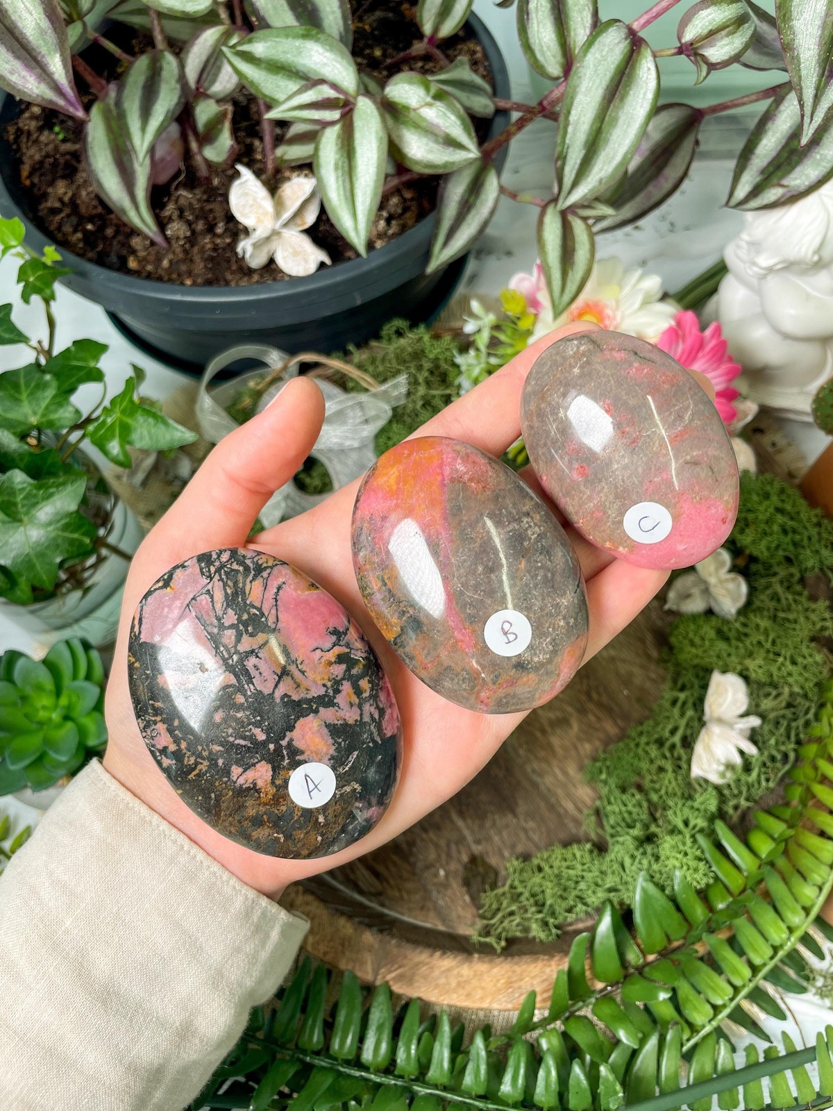 Large Rhodonite Palmstone, Hand-Carved Polished Rhodonite Plmstone