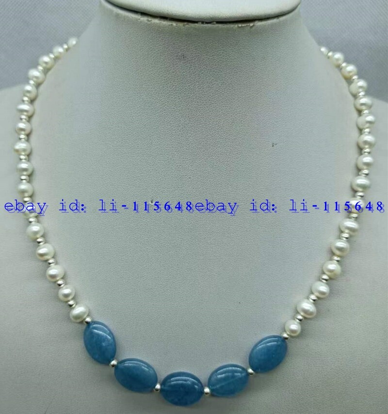 Natural 6-7mm White Freshwater Pearl &12x15mm Blue Oval Jade Necklace 18 Inches