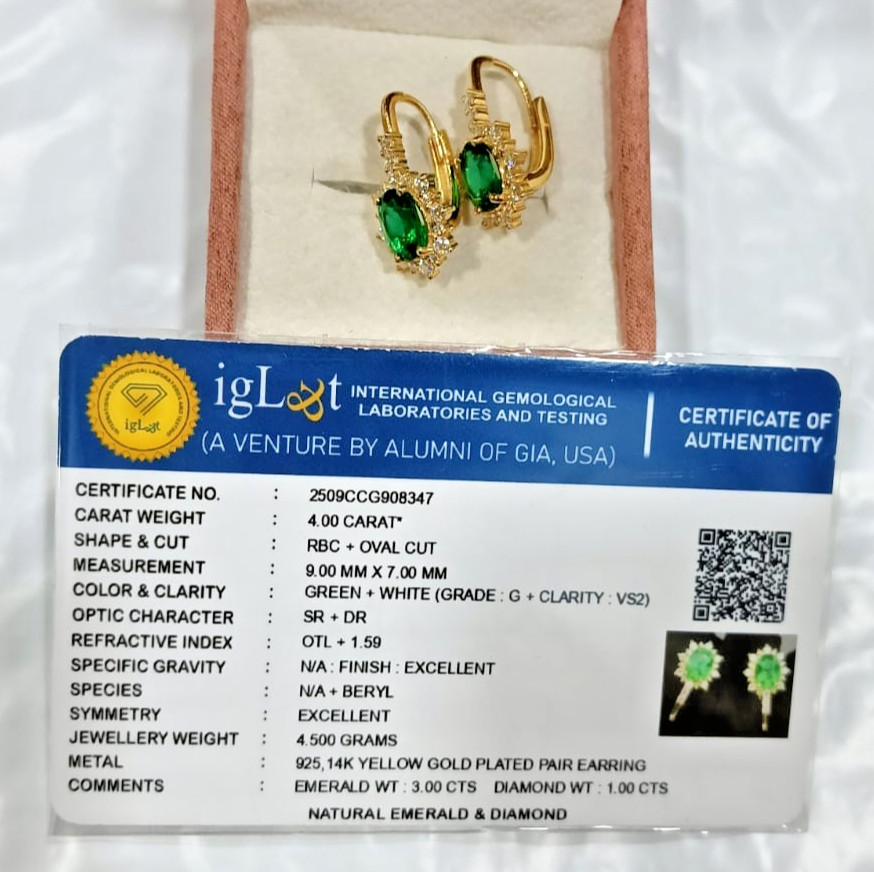 4.00ct Oval Cut Natural Emerald & Diamond Earring 14K Yellow Gold Plated