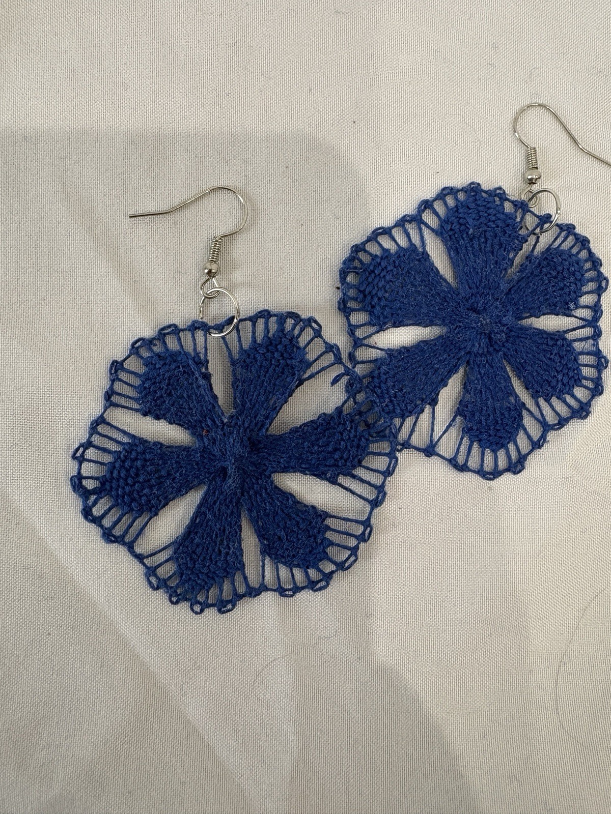 Handmade Blue Flower Thread Dangle Drop Earrings, French Wire Closure