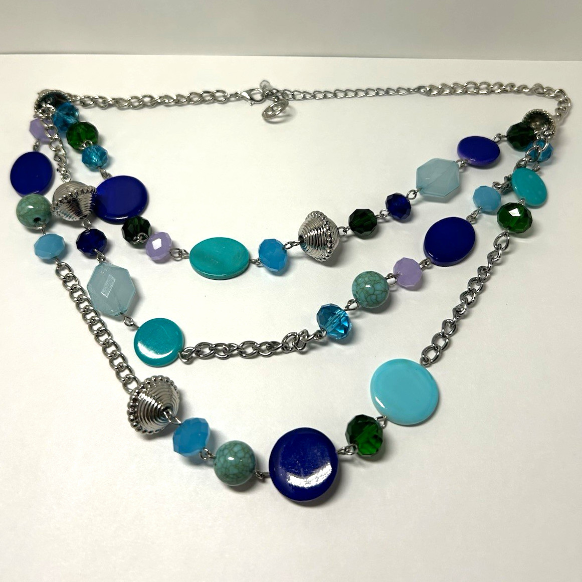 Layered Beaded Cable Chain Necklace Blue Green Purple Glass Crystal Boho