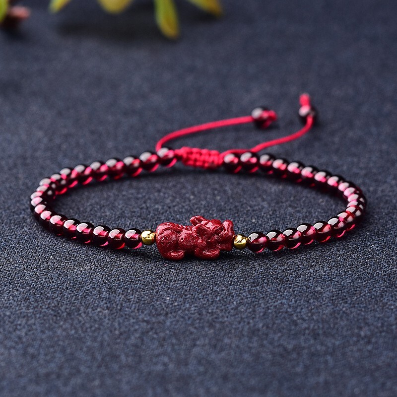 Natural Garnet Pixiu Crystal Gemstone Bead Bracelet for Good Luck Success Wealth