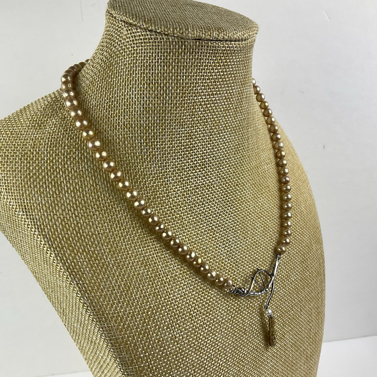 Artisan Sterling Silver Baroque Dangle Pendant Necklace Golden Pearl Near Round