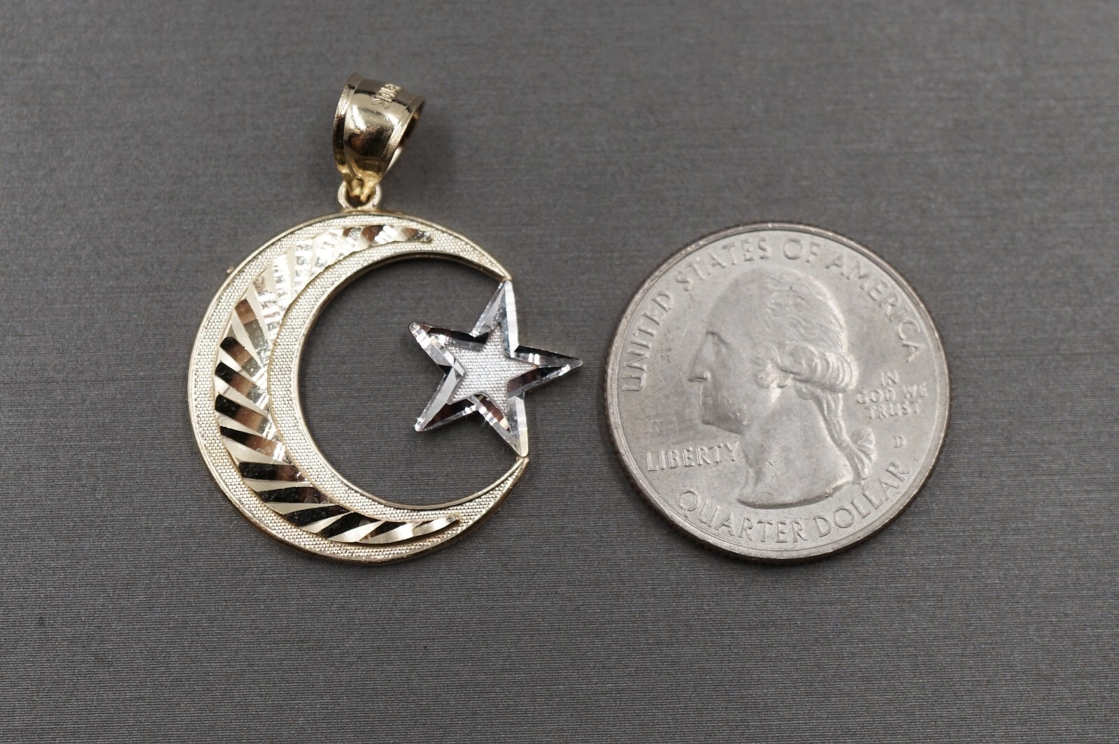10K Solid Yellow Gold 1.35″ Diamond Cut Two Tone Star and Moon Charm Pendant.