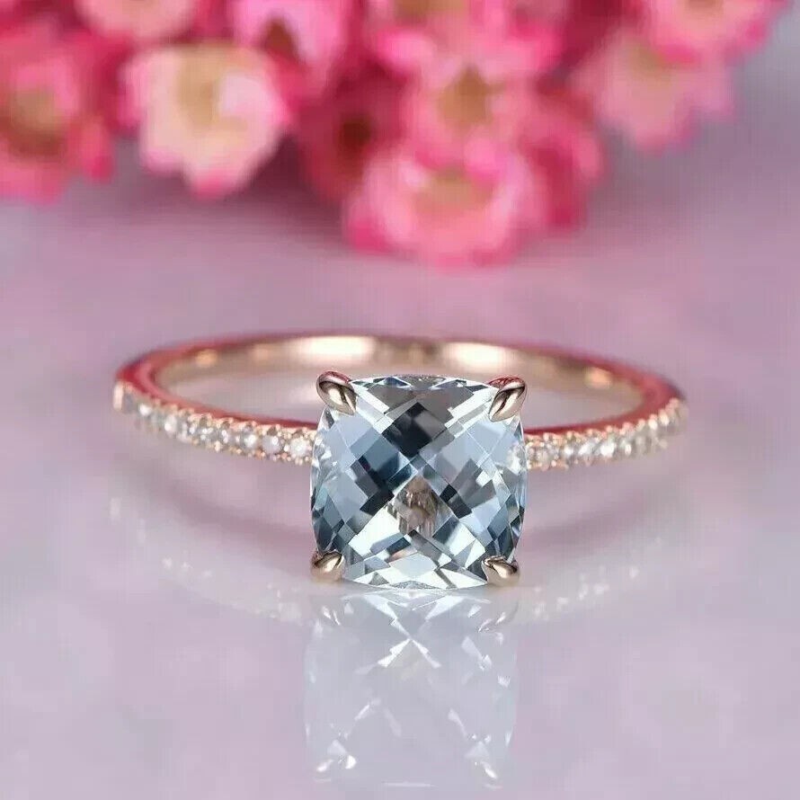 1Ct Cushion Cut Aquamarine Diamond Engagement Ring 14K Rose Gold Plated