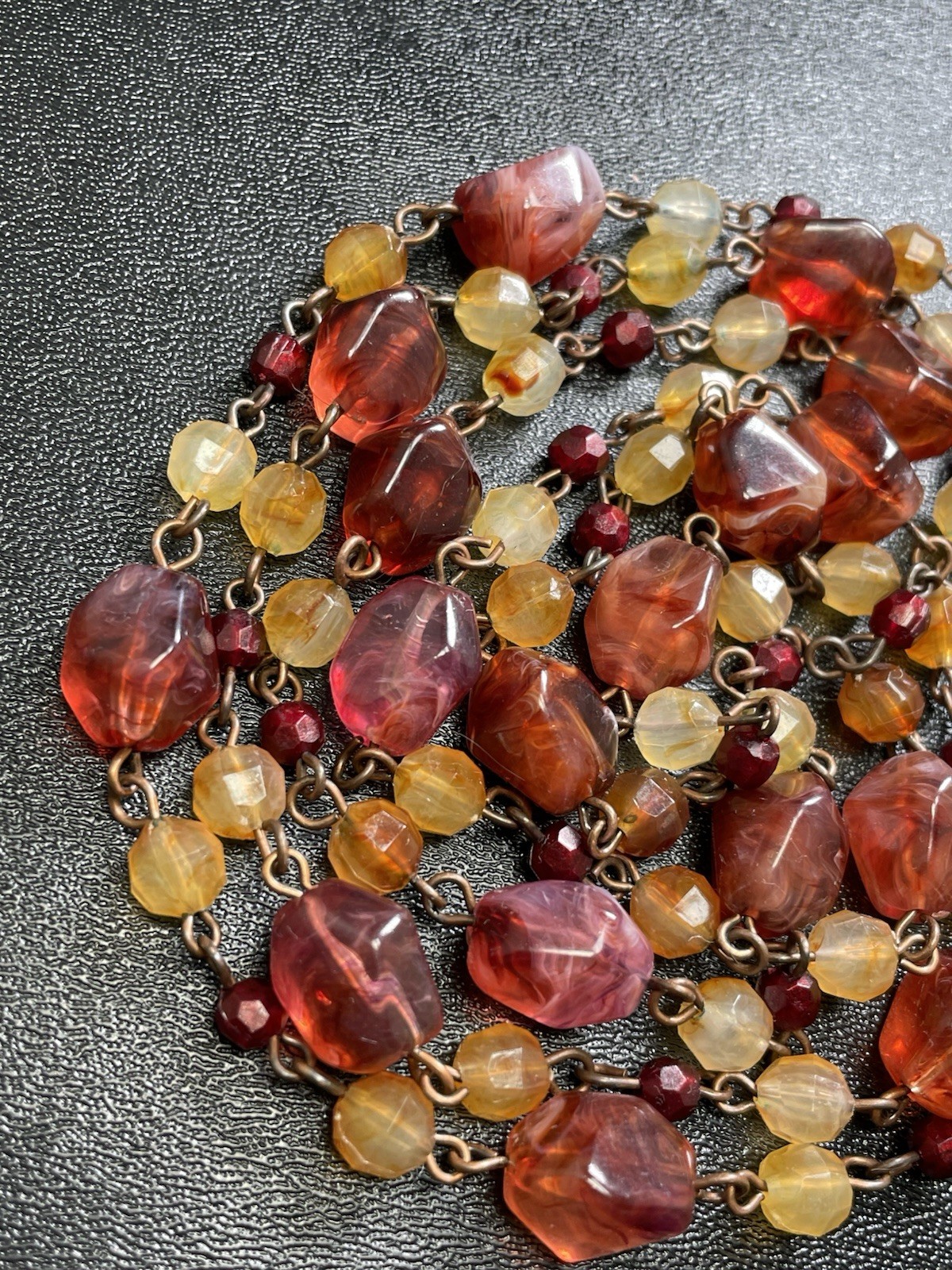 Vintage 48” Red & Orange Chunky Lucite Beaded Chain Necklace