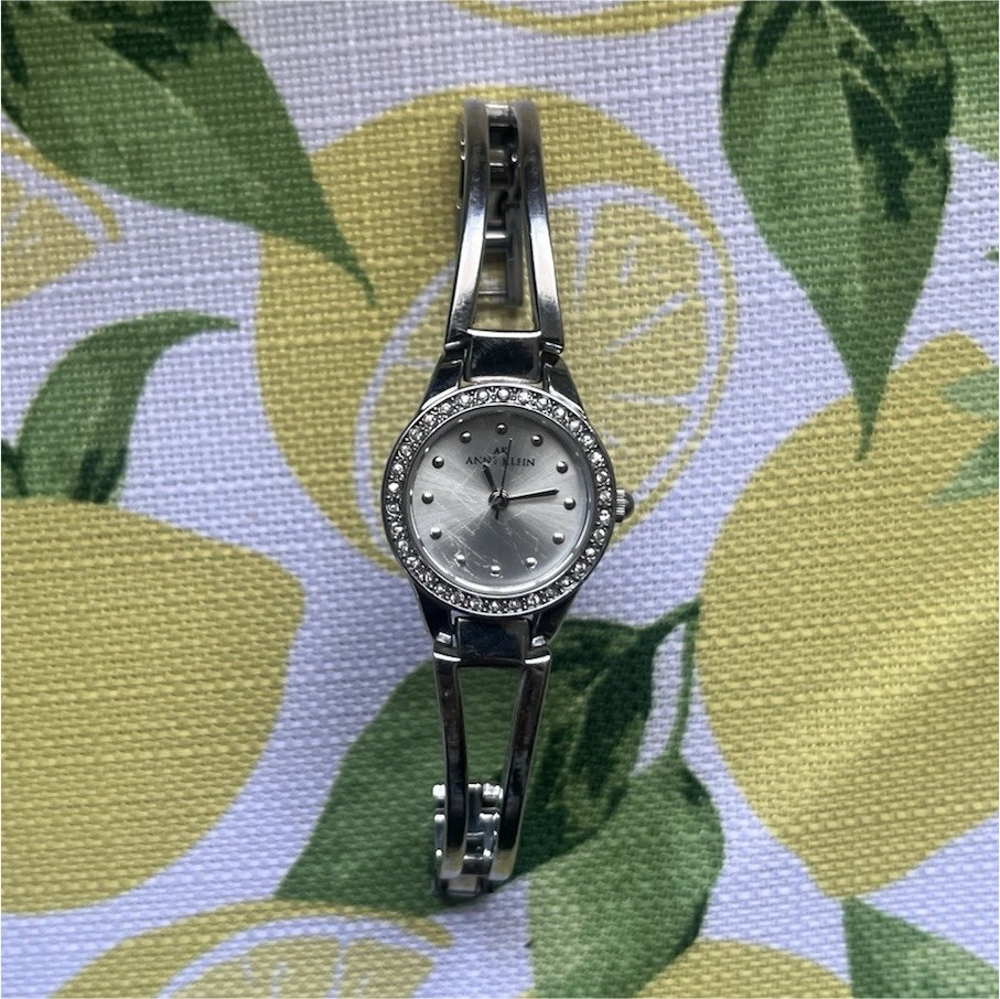 Anne Klein Silver Tone Analog Dress Watch Metal Bangle Band Dot Indexes Round