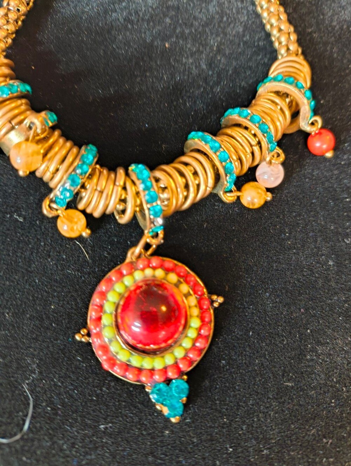 Boho Statement Necklace Gold Tone Red Glass Cabochon Turquoise Rhinestones