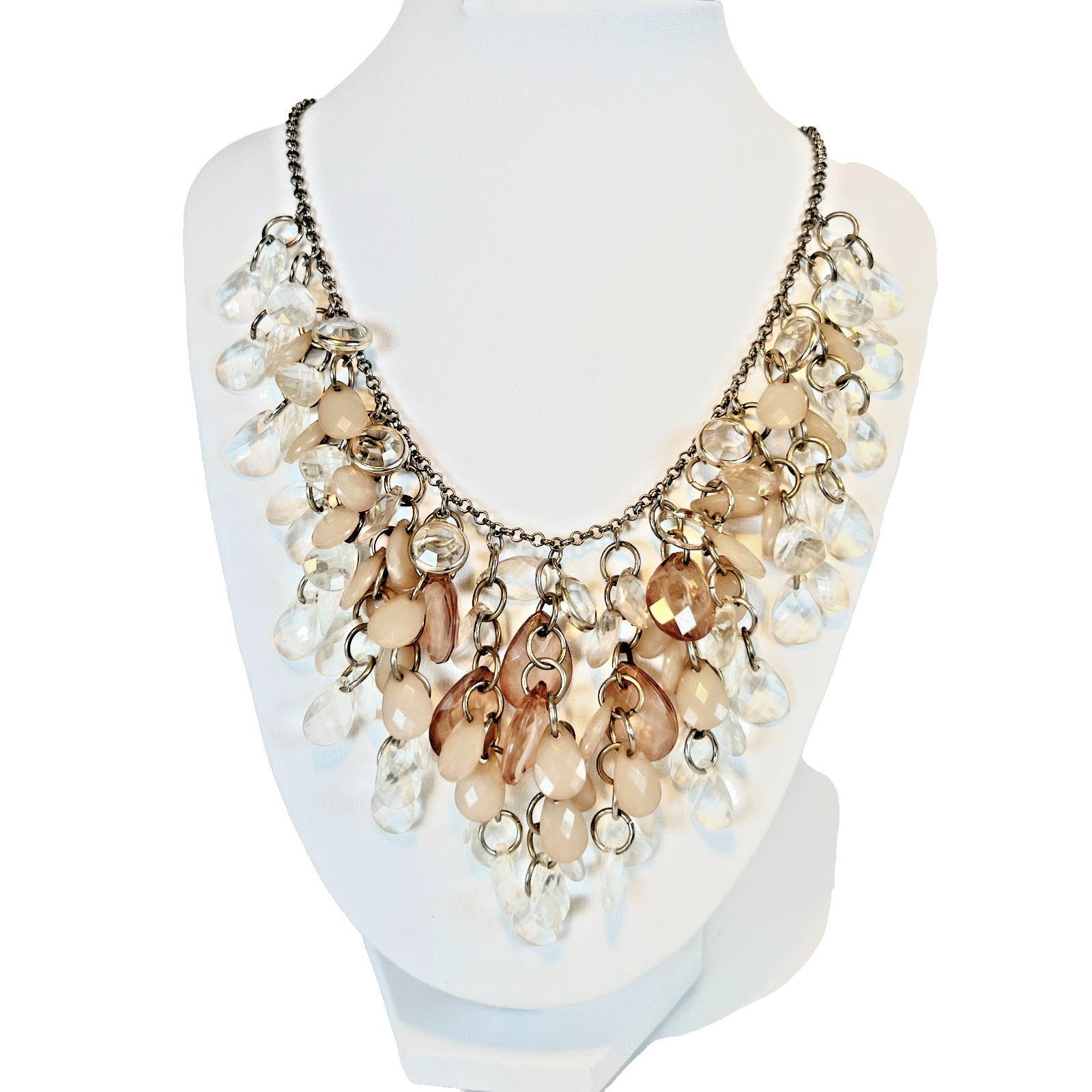Pretty Lightweight Plastic Faceted Teardrop Bezel Set Crystal Bib Necklace Pink