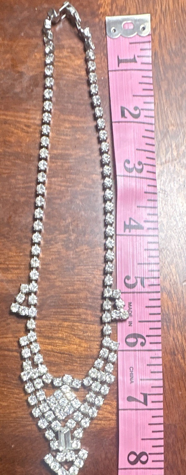 VTG 1950s Clear Rhinestone Bib Necklace Choker Silver Tone Unsigned