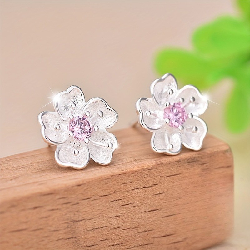 Women’s Elegant Pink Rhinestone Ear Studs Cherry Blossom SMALL Earrings Copper