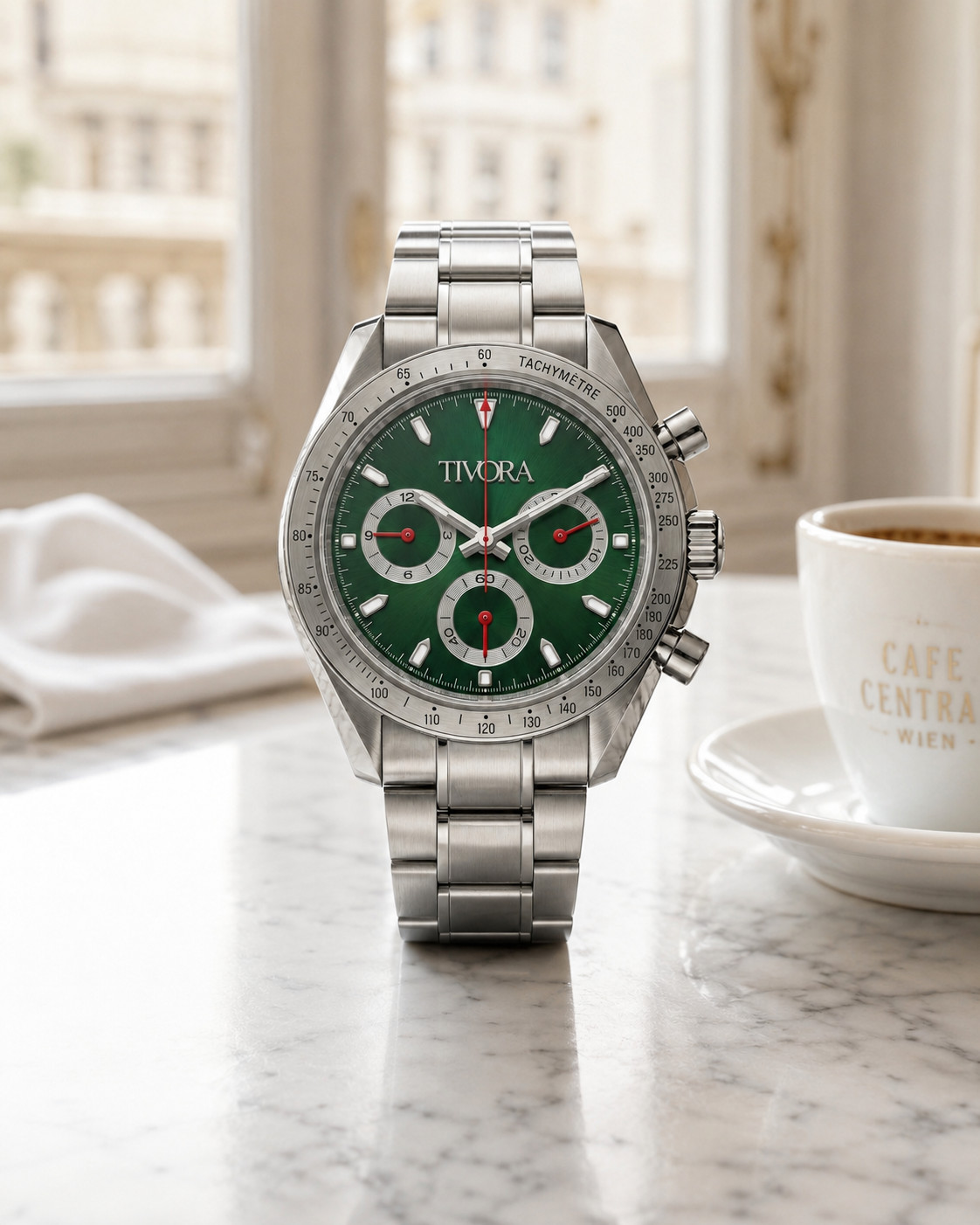 TÍVORÁ Veyron Argent Steel Race Emerald Dial – Custom Branded Automatic Chronogr