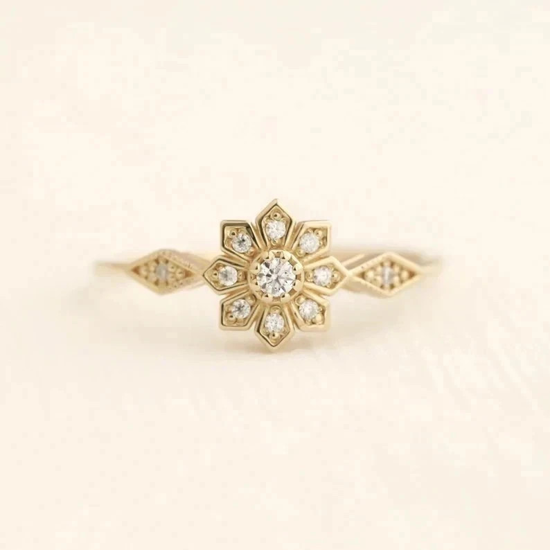 Art Deco Style Round Lab Created Diamond Wedding 14K Yellow Gold FN Floral Ring