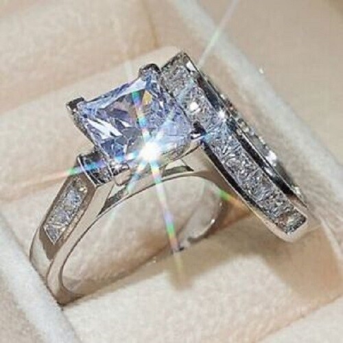 Princess Cut Lab-Created Diamond Wedding Band Bridal 925 Silver Gift Ring Set