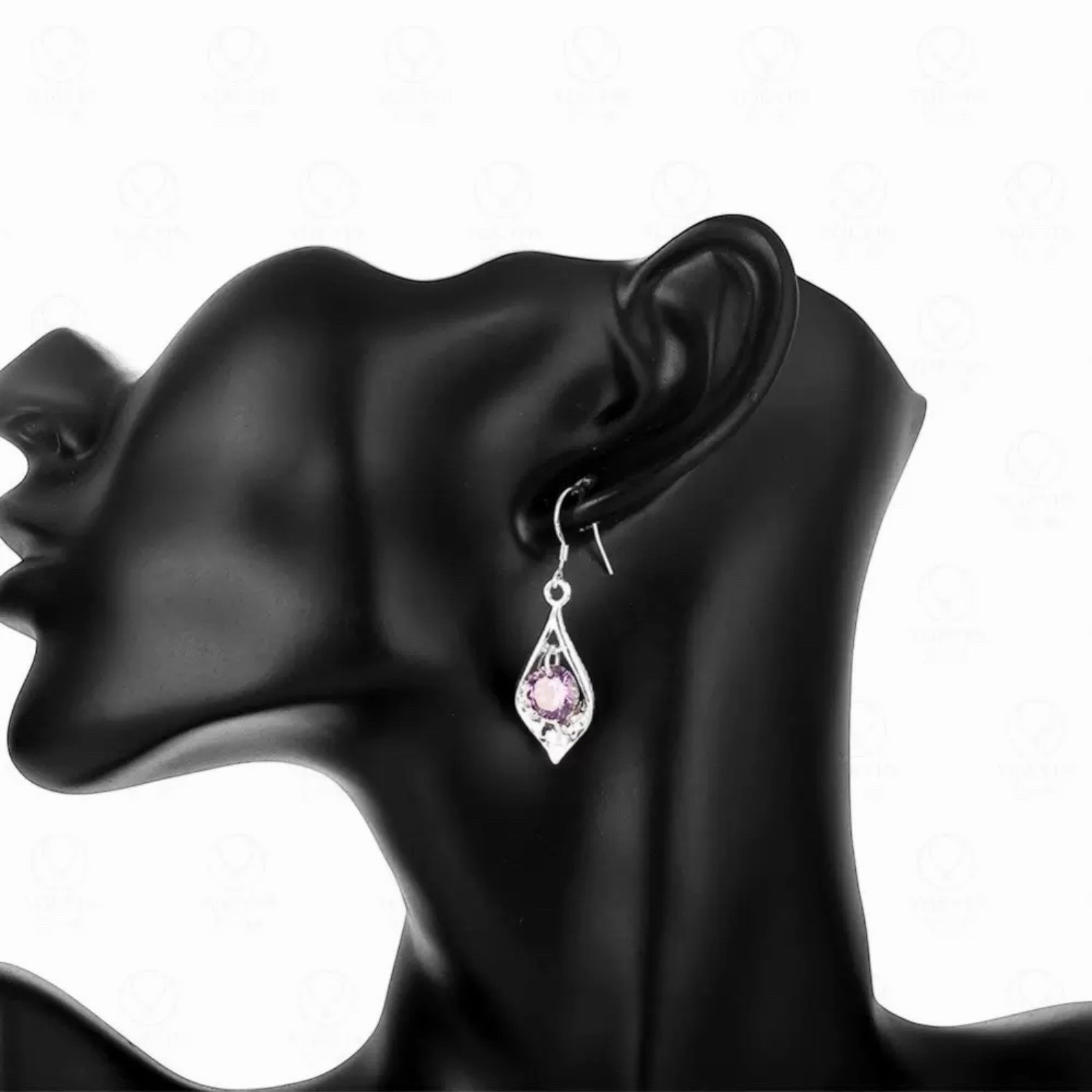 Purple CZ Crystal 925 Sterling Silver Teardrop Drop Dangle Womens Earrings A62
