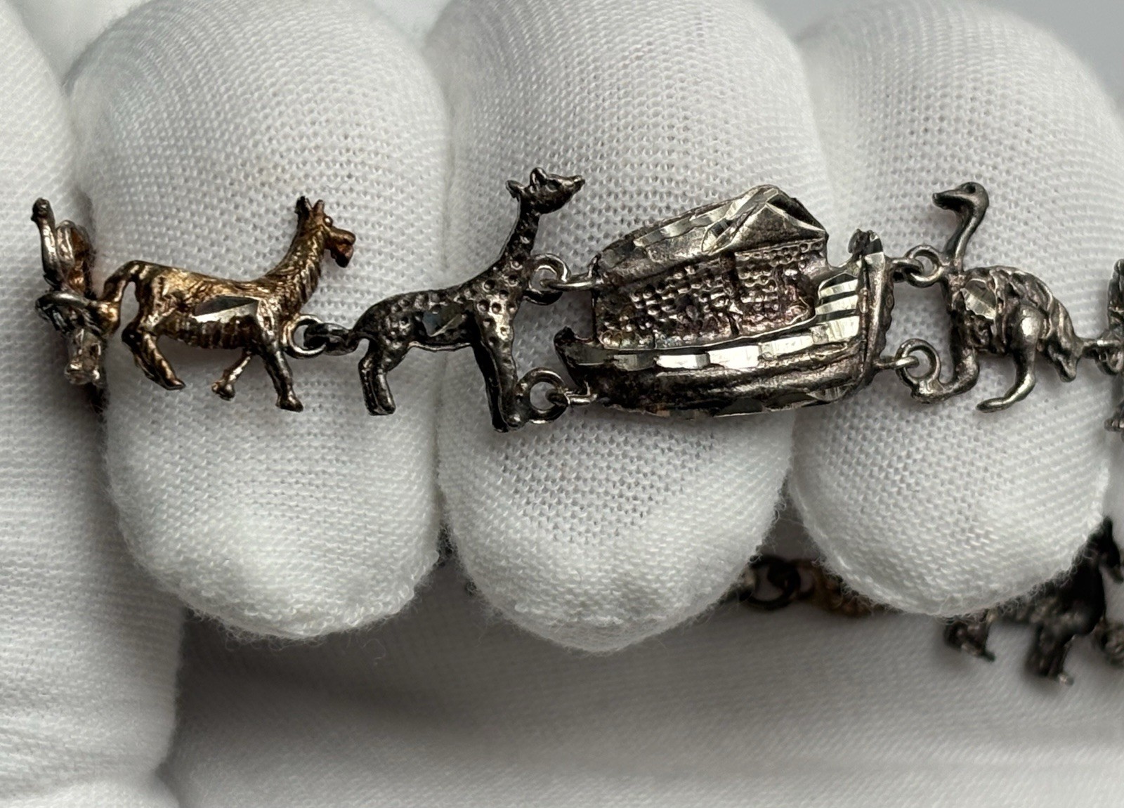 VTG Sterling Silver Noah’s Ark Bracelet 7.5in Diamond Cut LOVELY Ladies 925 JT