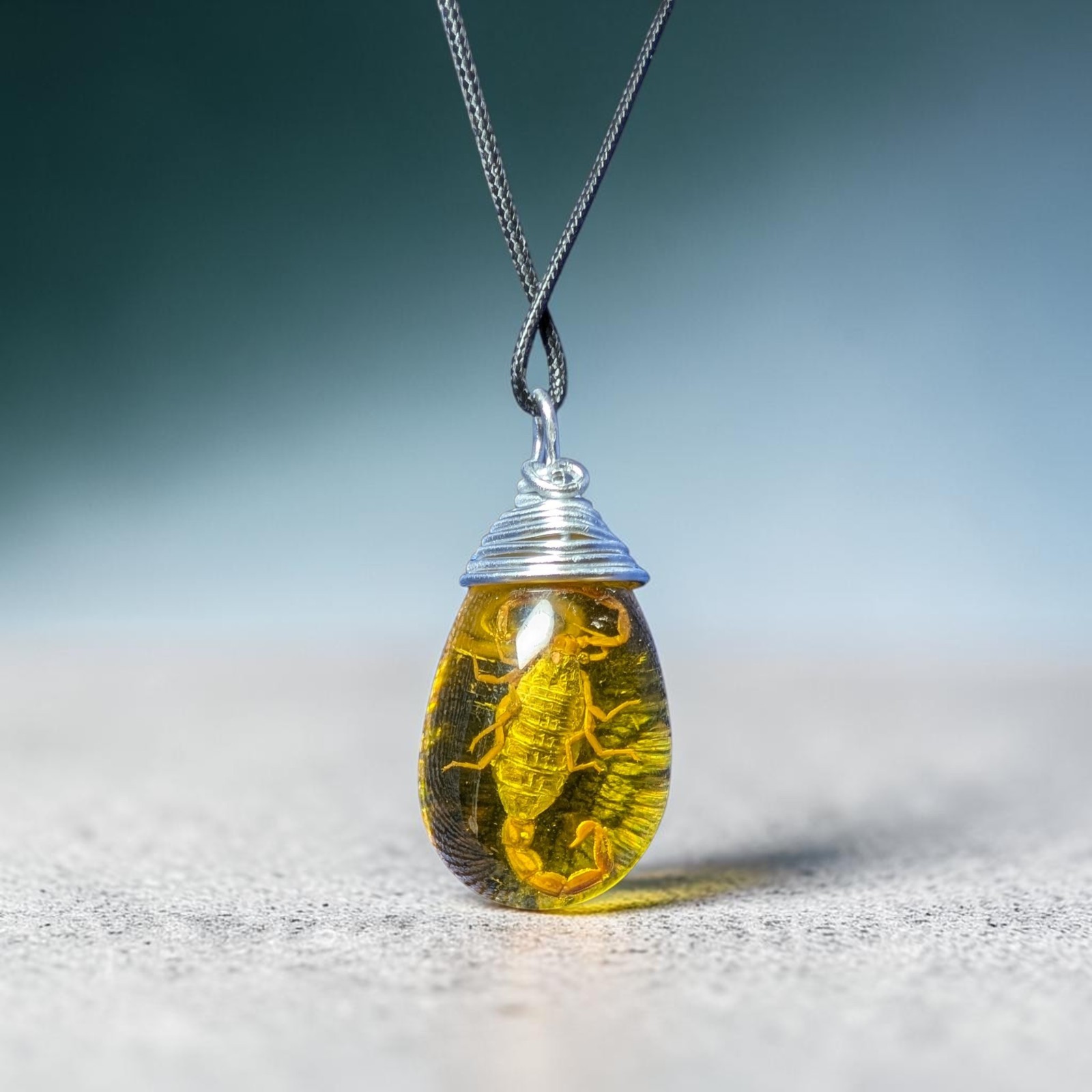 Resin Teardrop Scorpion Charm Pendant Wire Wrapped And Handmade Silver Cord