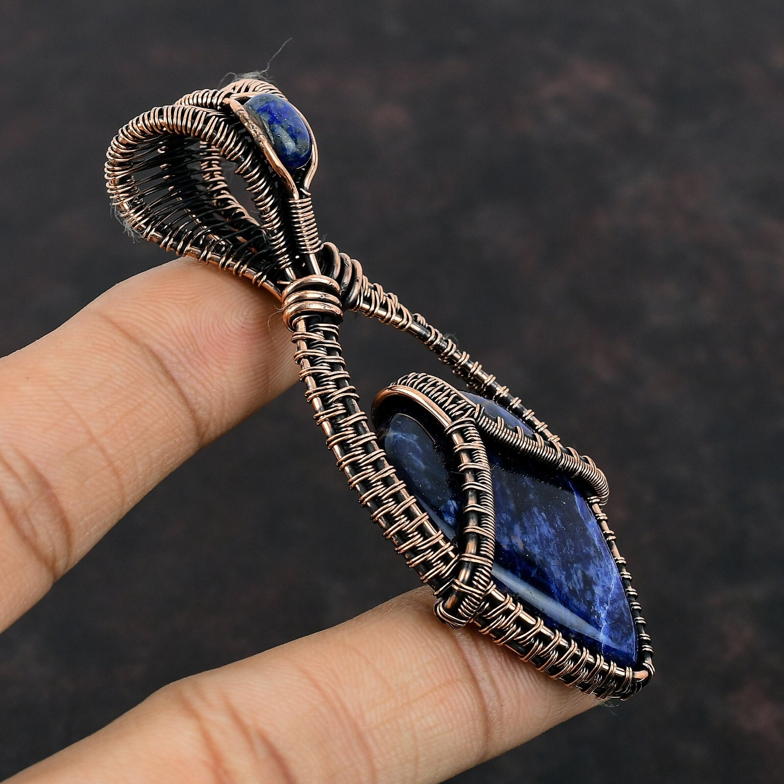 Sodalite Wire Wrapped Pendant Handcrafted Copper Birthday Gift Jewelry 3.11″