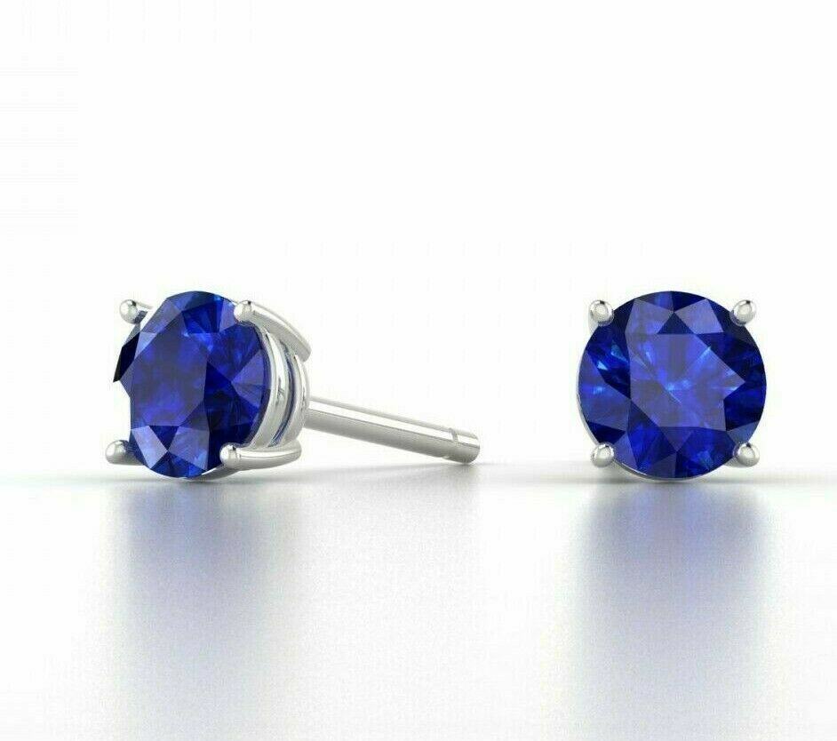 925 Sterling Silver Round Cut Lab Created Blue Sapphire Round Stud Earrings 6MM