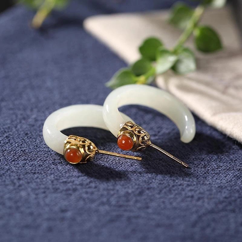 Natural White Jade Gemstone Hoop Earrings 925 Sterling Silver