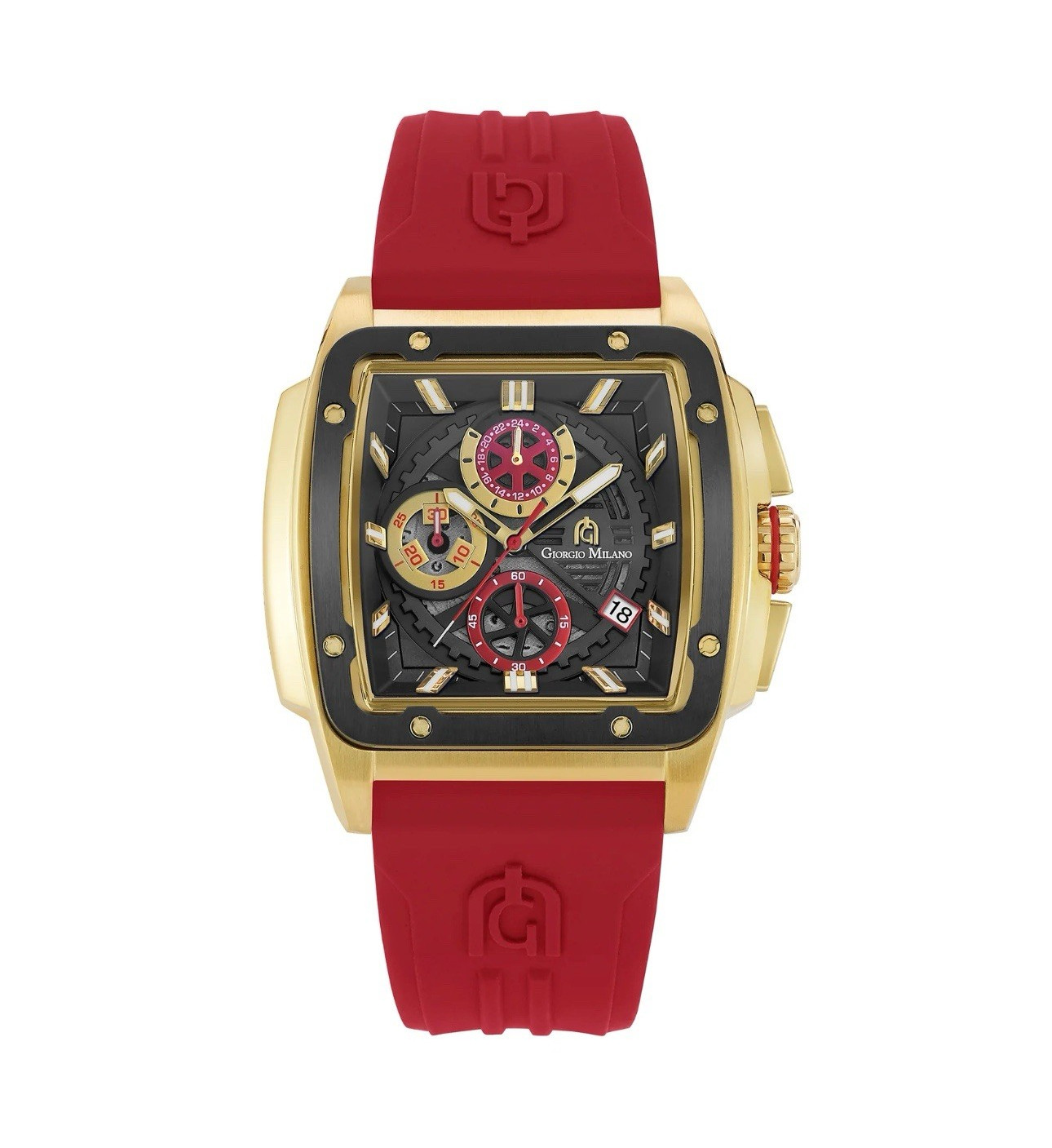 Giorgio Milano Chronograph Quartz Square SS Gold Case Red Silicone Strap Date